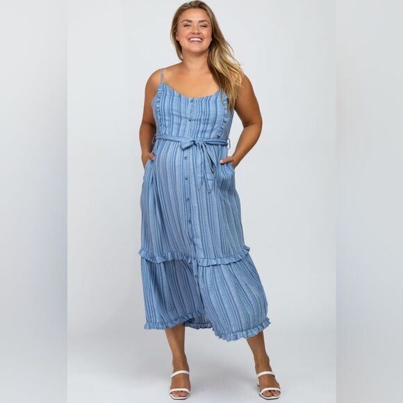 Pinkblush David & Dani Blue Striped Button Front Plus Maternity Midi Dress 2X - Picture 2 of 10
